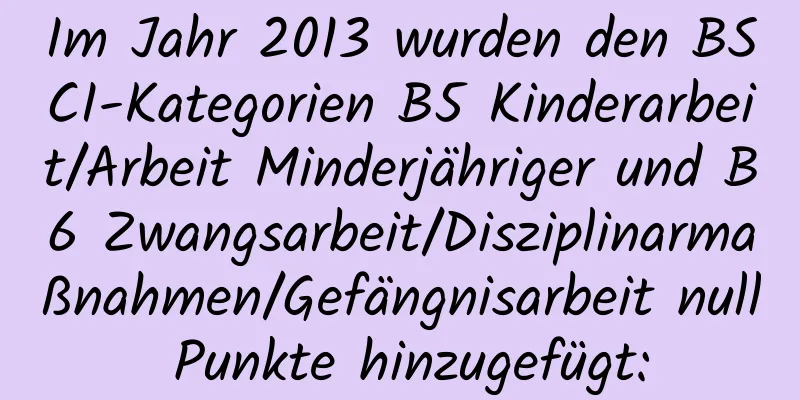 Im Jahr 2013 wurden den BSCI-Kategorien B5 Kinderarbeit/Arbeit Minderjähriger und B6 Zwangsarbeit/Disziplinarmaßnahmen/Gefängnisarbeit null Punkte hinzugefügt: